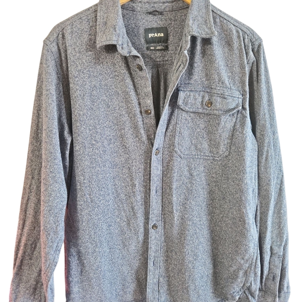 prAna Long Sleeve Button Up Mens Medium Blue Heritage Organic Cotton
